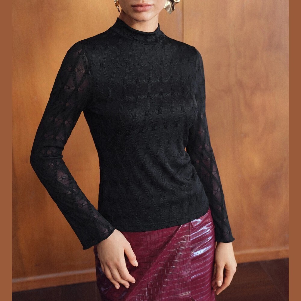 Black Sheer Diamond Lace Knit Mock Neck Long Sleeve Slim Fit Top